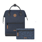 Navy blue backpack and matching pouch with brand logo on a white background