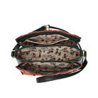 An open dark green shoulder bag with a patterned beige lining, showing multiple compartments and a long strap against a white background.