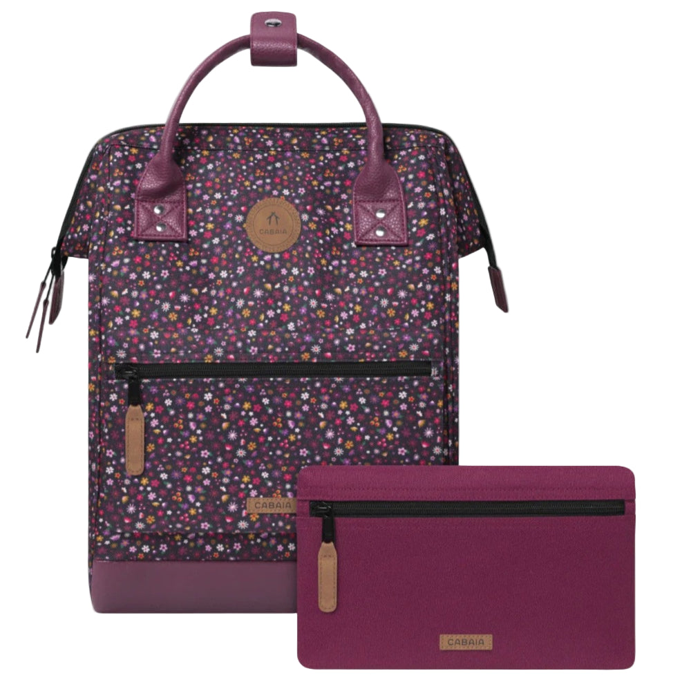 Backpack with multicolored pattern and matching pouch on a white background