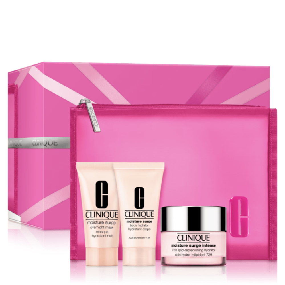 Clinique skincare gift set featuring a pink presentation box, a translucent pink pouch, a moisturizing cream tube, a hydrating lotion tube, and a moisturizing cream jar on a white background.