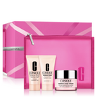 Clinique skincare gift set featuring a pink presentation box, a translucent pink pouch, a moisturizing cream tube, a hydrating lotion tube, and a moisturizing cream jar on a white background.
