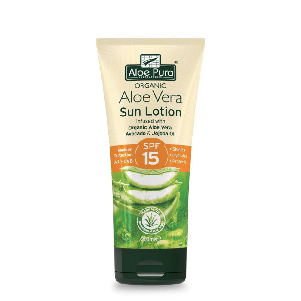 Aloe Pura Aloe Vera Sun Lotion tube on a white background