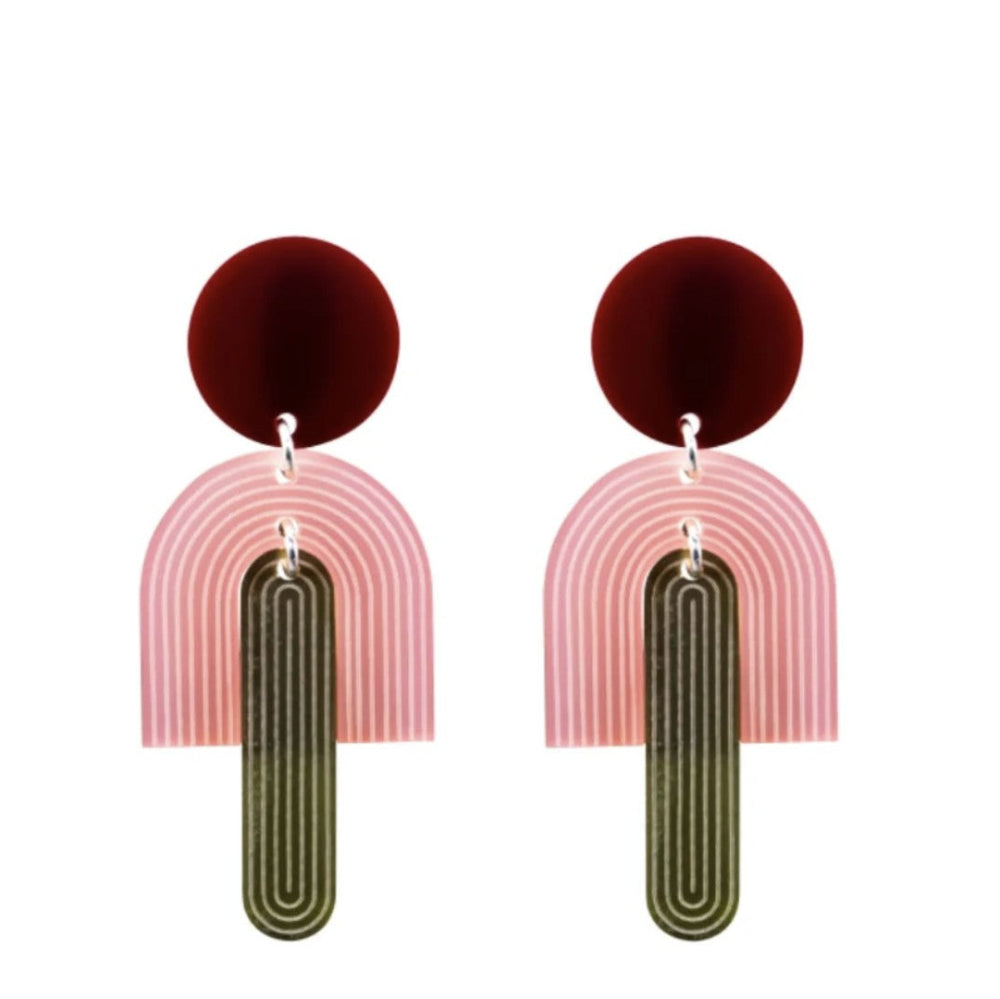Pair of earrings with pink arches and brown round tops on a white background