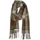 A plaid scarf in shades of olive green, brown, beige, and muted pink, featuring fringed ends.