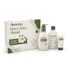 Aveeno Dewy Days Ahead moisturizer gift set with a white and green box, a pump bottle, a cap bottle, and a tube on a white background.