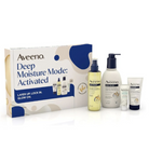 Aveeno Deep Moisture Mode: Activated skincare set including a box, a yellow-toned pump bottle, a large white lotion bottle, a small tube, and a small jar, photographed on a clean white background.