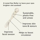 Metal eye roller with text highlighting its benefits on a white background