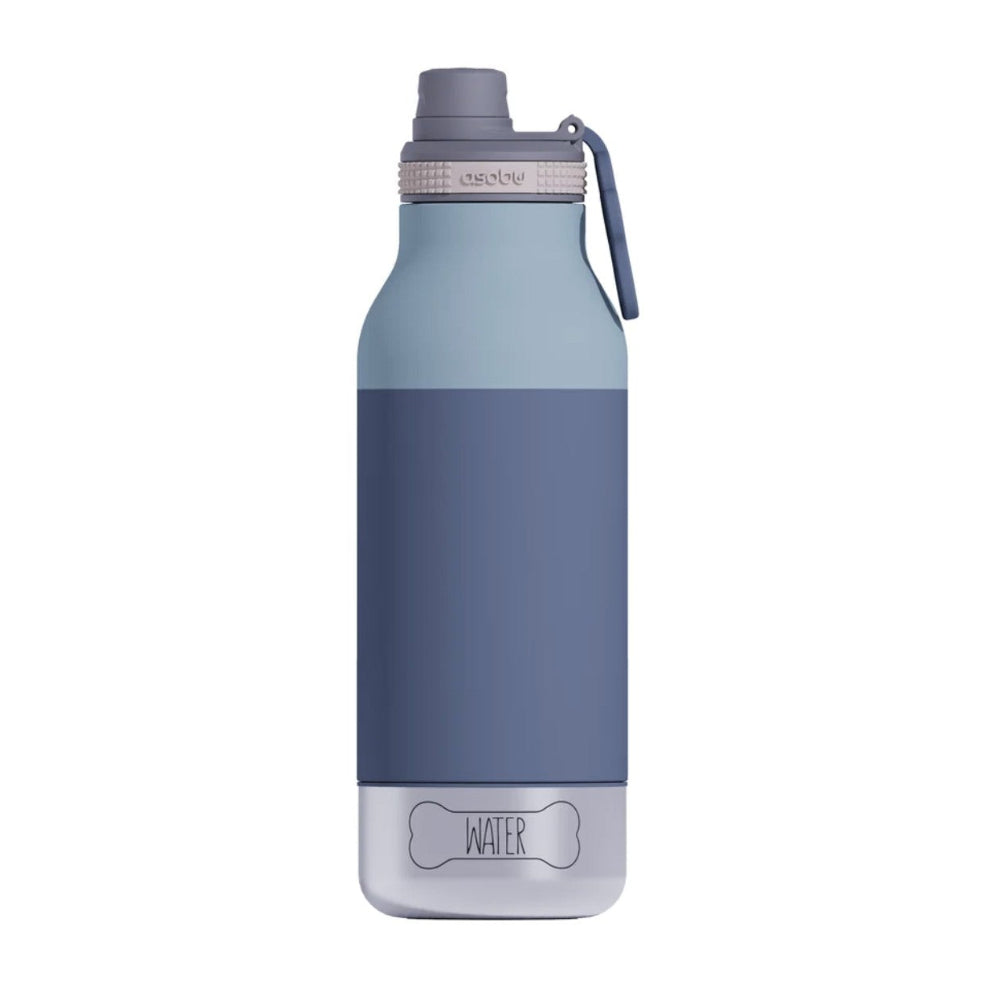 A reusable water bottle with a matte slate blue body, a grey screw cap, a grey carrying loop, and a clear lower section. The word 'WATER' is printed on the clear section.