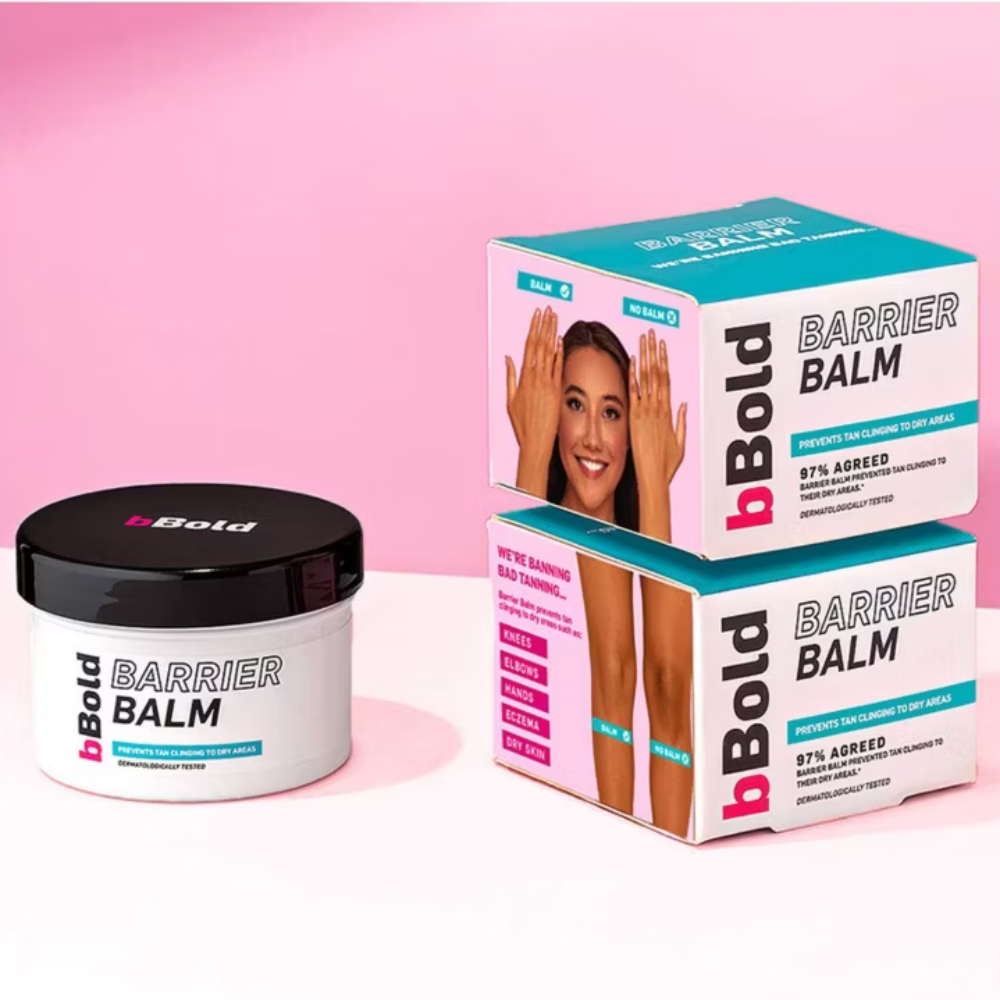 bBold Barrier Balm jar and packaging on a pink background
