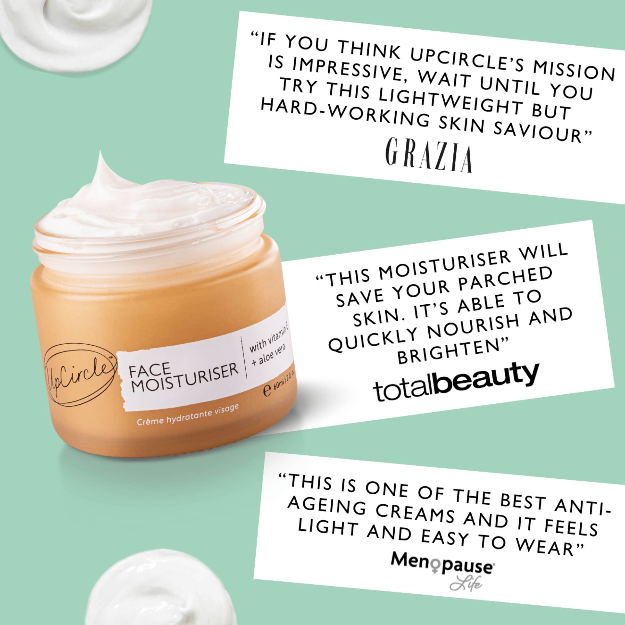 Face moisturizer jar with positive reviews on a light green background