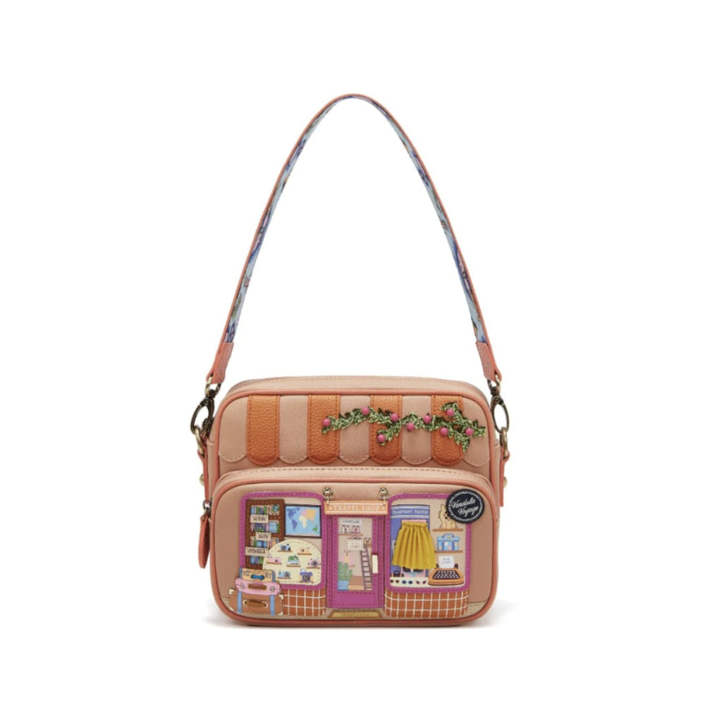 Crossbody bag with a design of a store front on a white background