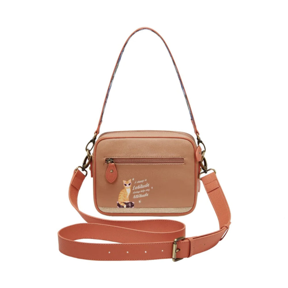 Brown crossbody bag with a fox illustration on a white background
