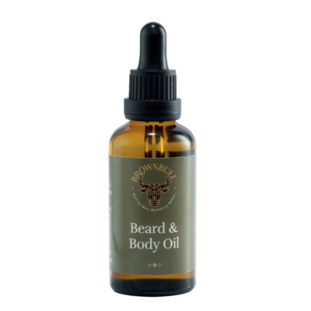 A brown glass dropper bottle of Brownbull Beard & Body Oil with a black dropper cap and olive green label, set against a plain white background.