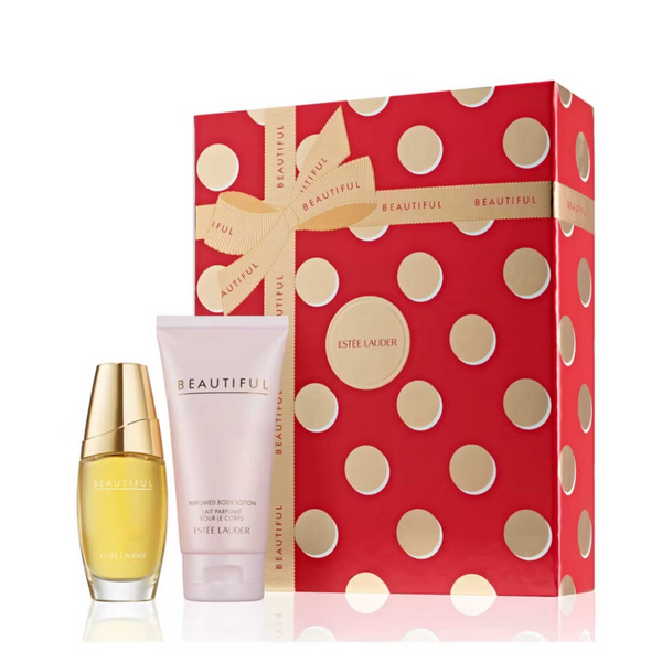 Estée Lauder 'Beautiful' fragrance set with red polka dot box on a white background