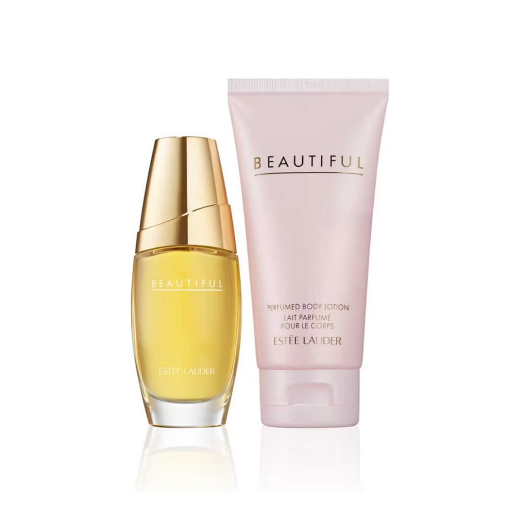 Estée Lauder 'Beautiful' perfume bottle and lotion on a white background