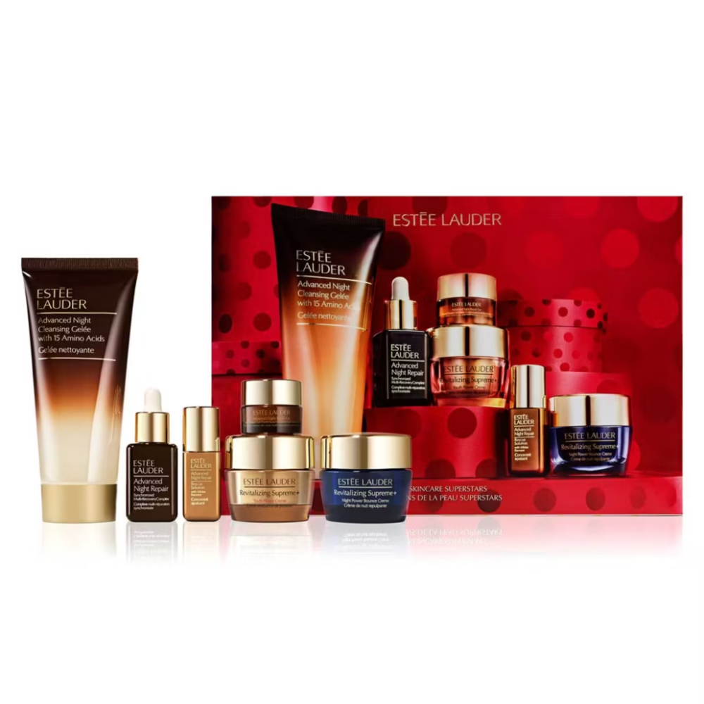 Estée Lauder skincare product set with a red box on a white background