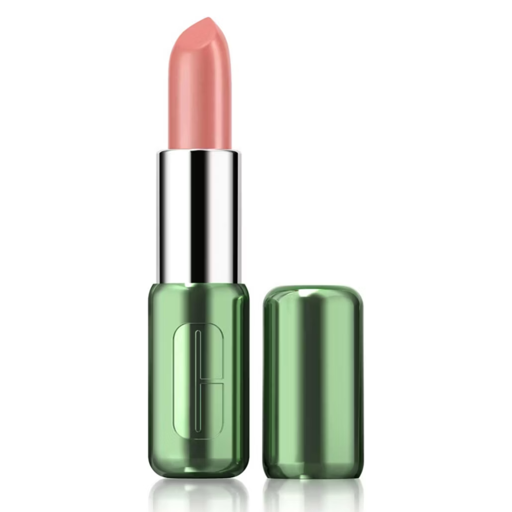 Clinique Pop Longwear Satin Finish Lipstick in a shade of pink, with the cap off, displayed against a white background.