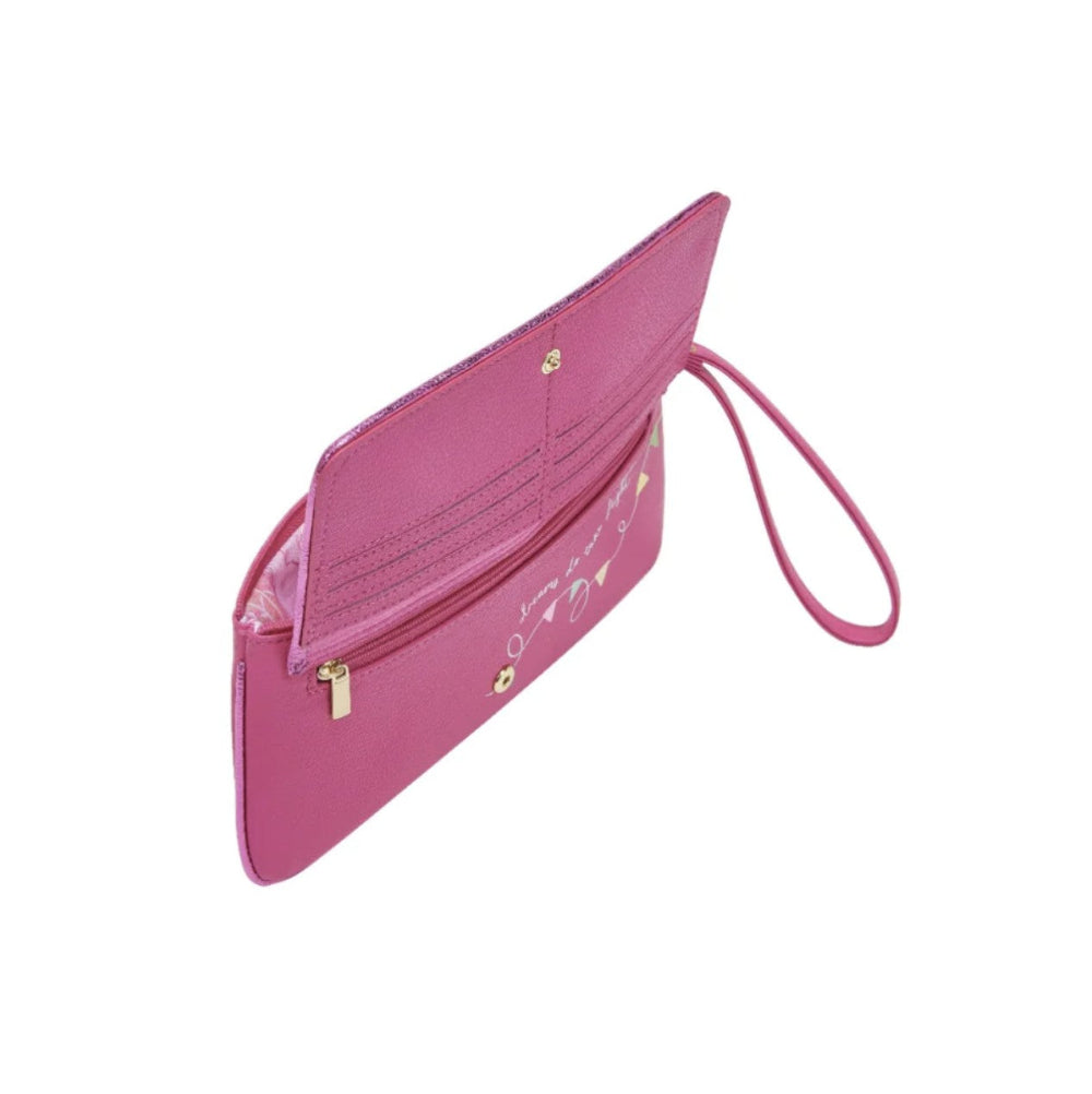 Pink wallet with a strap on a white background