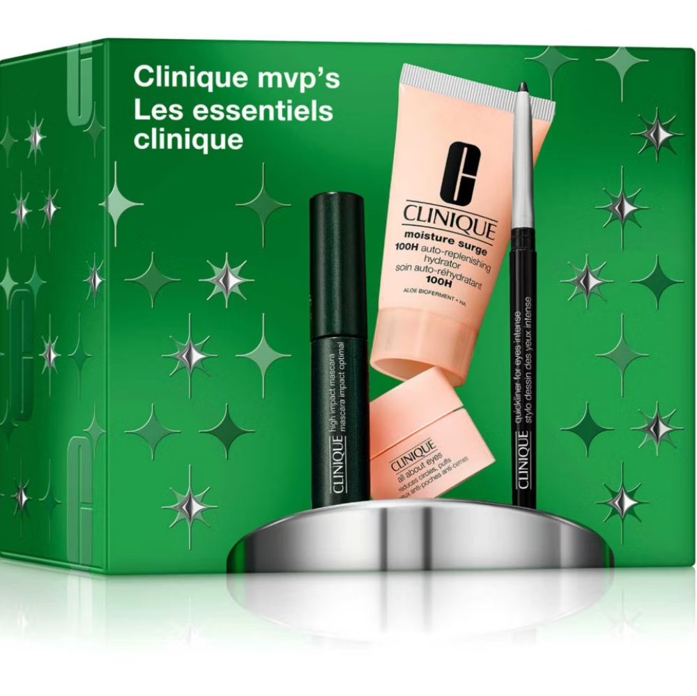 Clinique product set with green packaging featuring star patterns