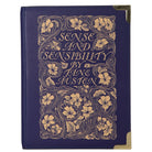Book-shaped handbag with 'Sense and Sensibility' design on a white background