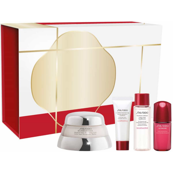 Shiseido skincare product set with a large cream jar, smaller bottles, and a red box on a white background