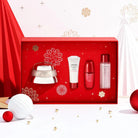 Shiseido skincare product set in a decorative red box with festive elements.