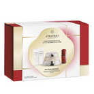 Shiseido Anti-Age gift set in a white, red, and gold box, showing the packaging design with the product contents visible through a central cutout.