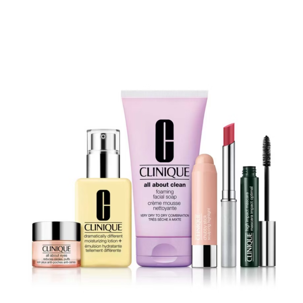 Clinique skincare and makeup products on a white background