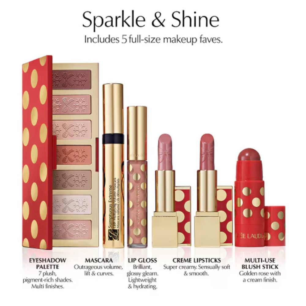 Makeup set with lip products and packaging on a white background