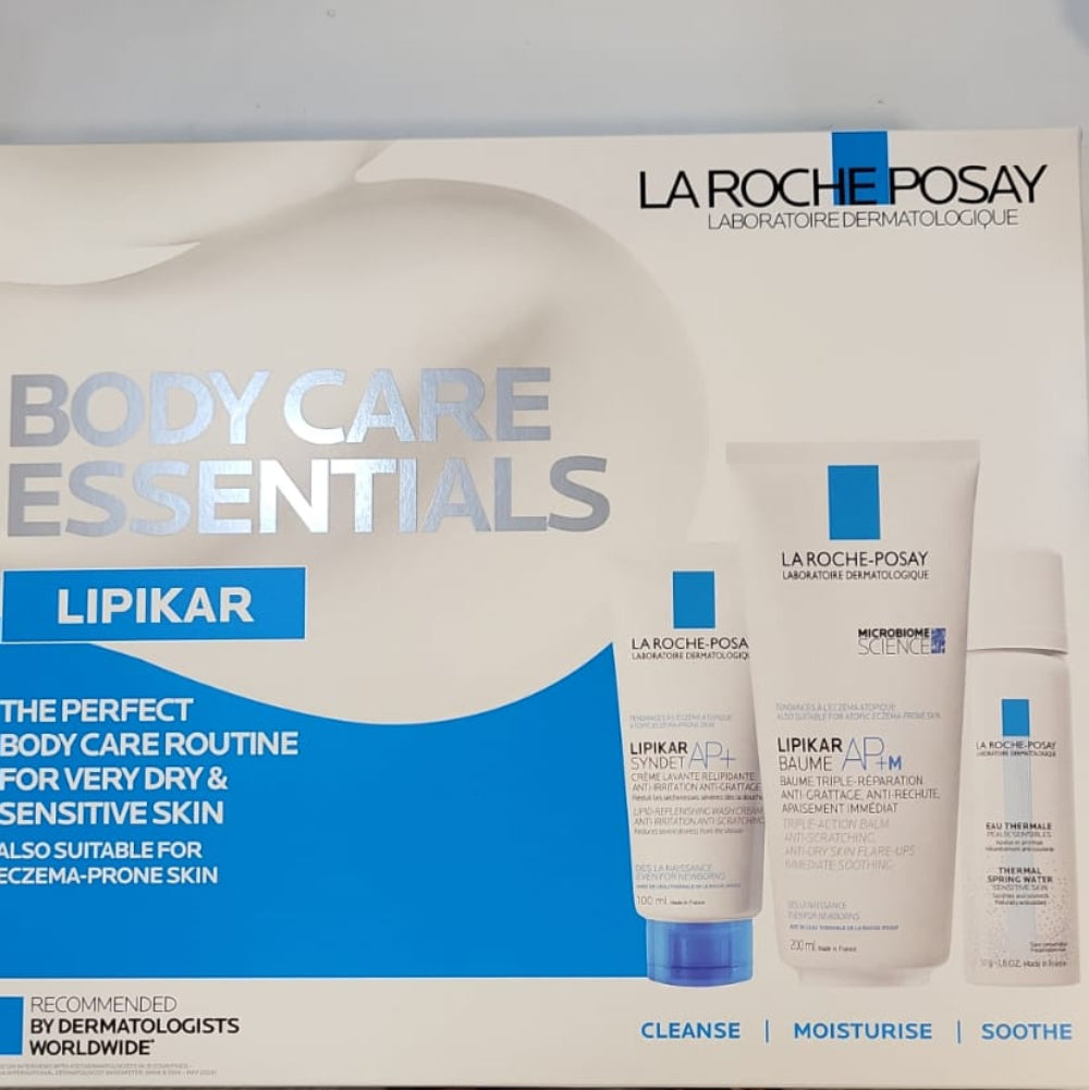 La Roche-Posay Lipikar body care essentials set on a light gray background