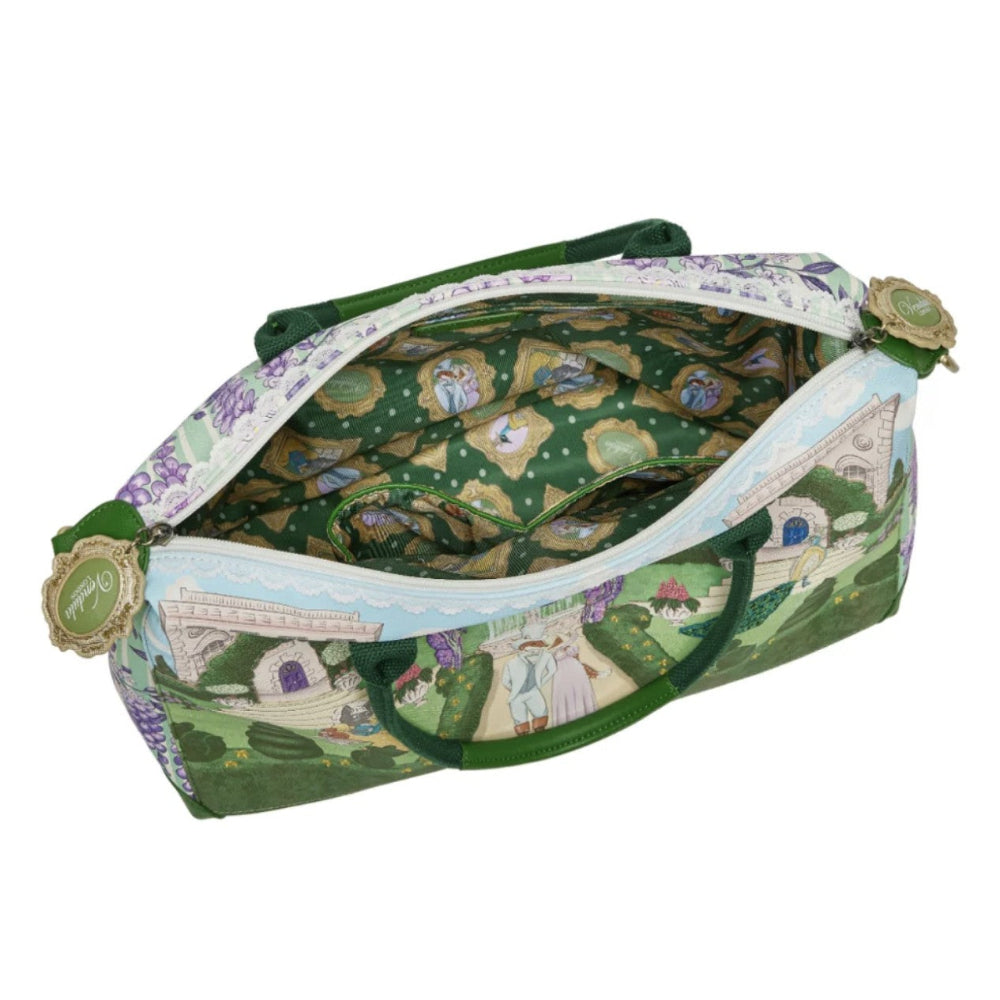 Green patterned bag with floral design on a white background