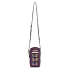 A purple crossbody phone bag featuring a detailed illustration of a classic purple telephone booth with colorful book spines on the front, complete with a long purple strap and gold-tone chain links.