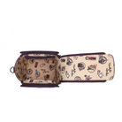 An open zippered bag with a beige interior patterned with retro-style illustrations and purple trim, shown against a plain white background.