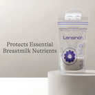 Lansinoh packaging with text about protecting breastmilk nutrients on a neutral background