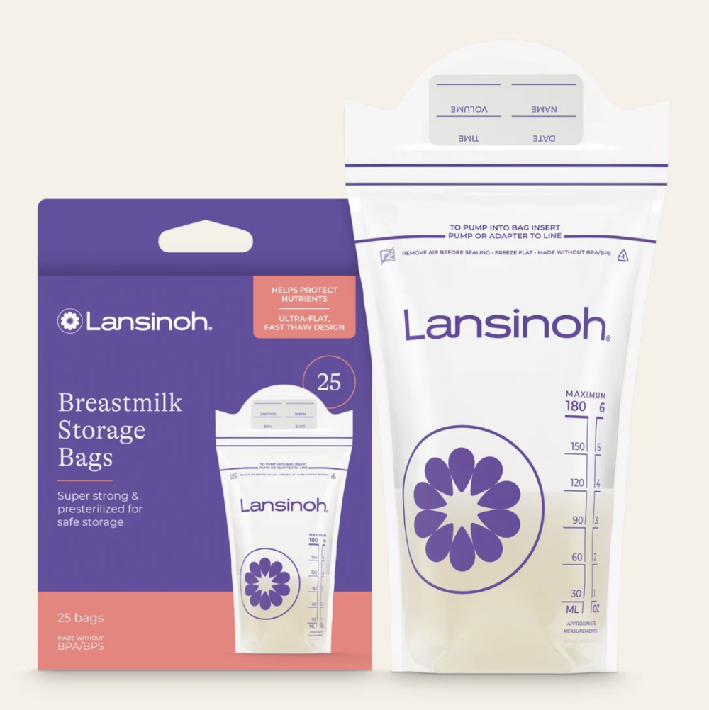 Lansinoh Breastmilk Storage Bags shown with their retail packaging on a light cream background. The set includes a white and purple 25-piece bag with an attached pump adapter and a matching retail box.