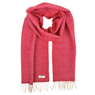 A vibrant red woven scarf with a fine herringbone texture and cream-colored fringe, featuring a small white brand label near the bottom edge.