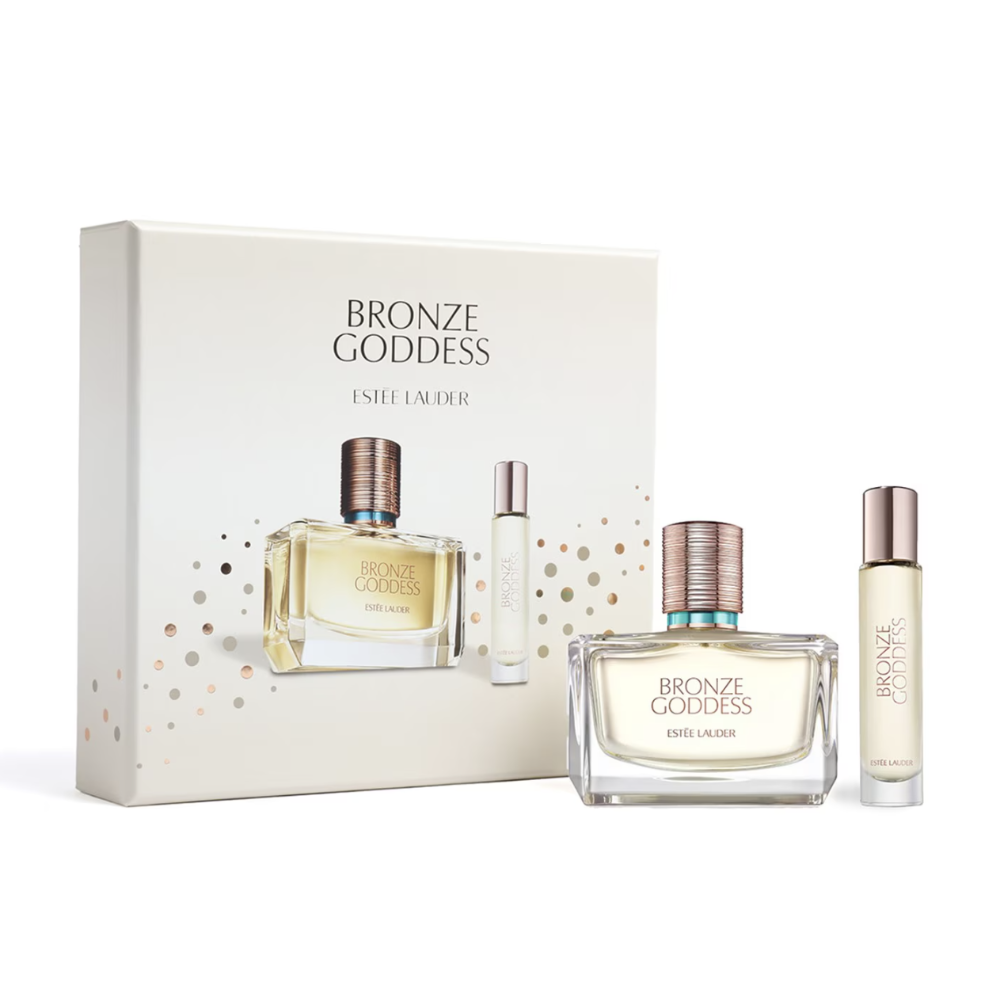 Estée Lauder Bronze Goddess perfume set with packaging on a white background