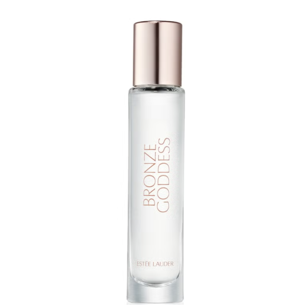 Estée Lauder Bronze Goddess perfume bottle with a metallic rose gold cap and rose gold lettering on a clear glass bottle, set against a plain white background.