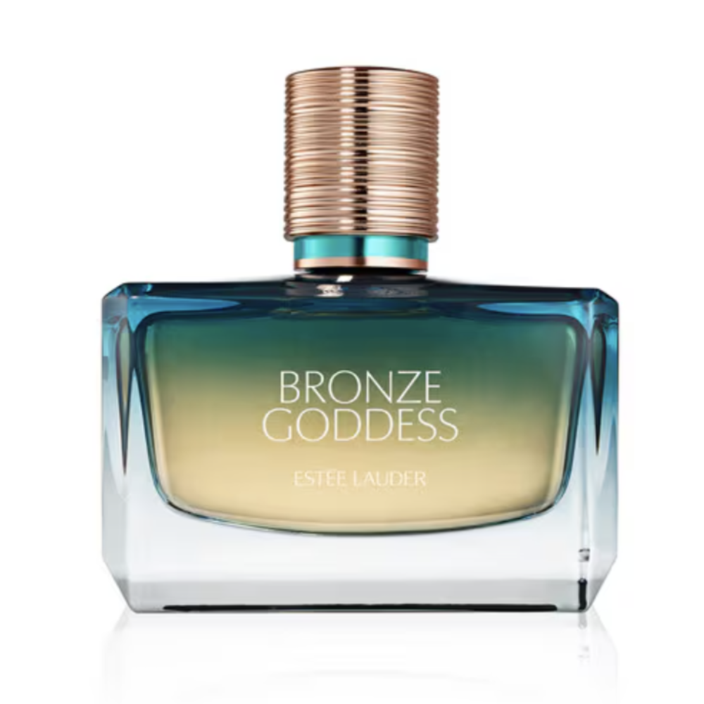 Estee Lauder Bronze Goddess Eau de Toilette bottle, featuring a square glass container with a blue-to-gold gradient, a metallic bronze cap, and white lettering on a clean white background.