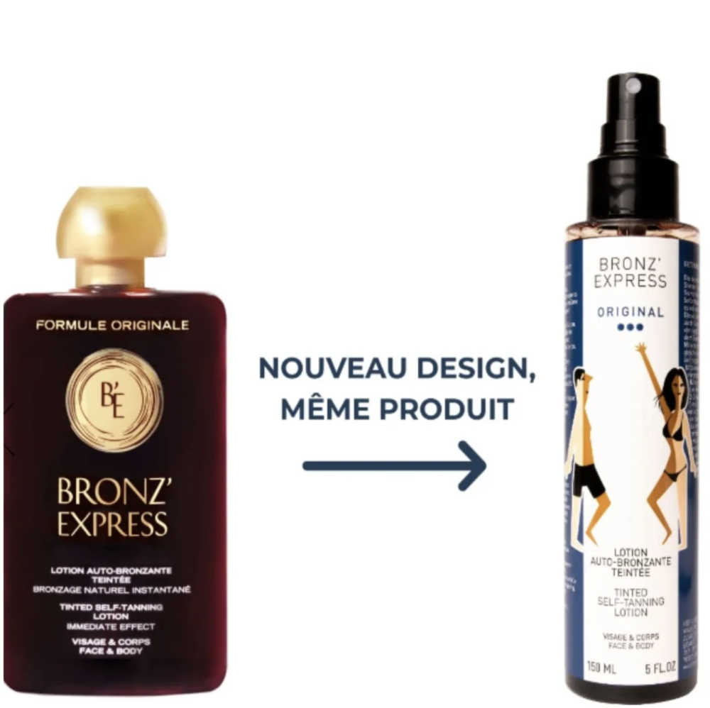 Two Bronz' Express self-tanning lotion bottles shown on a white background, with a French promotional text overlay reading 'NOUVEAU DESIGN, MÈME PRODUIT' and a right-pointing arrow. The left bottle shows the new gold-capped design, and the right bottle shows the updated front label with model illustrations.