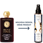 Two Bronz' Express self-tanning lotion bottles shown on a white background, with a French promotional text overlay reading 'NOUVEAU DESIGN, MÈME PRODUIT' and a right-pointing arrow. The left bottle shows the new gold-capped design, and the right bottle shows the updated front label with model illustrations.