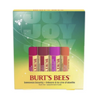 Burt's Bees Beeswax Bounty lip balm set in a yellow and green gift box, featuring five tubes of lip balm in pink, mauve, purple, and orange shades.