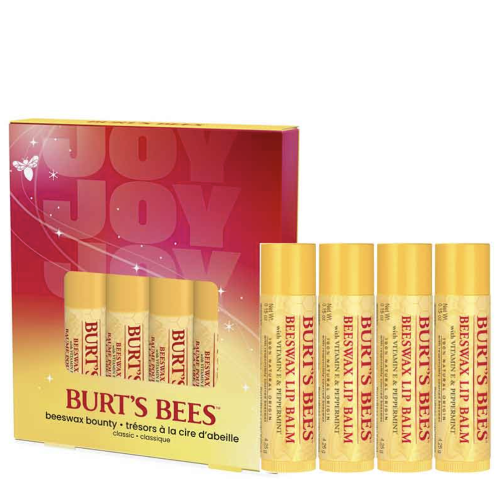Burt's Bees Classic Beeswax Lip Balm set in a red and yellow gift box, with five individual yellow tubes displayed in front on a white background.