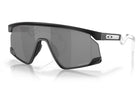 Sunglasses with black frame and dark lenses on a white background