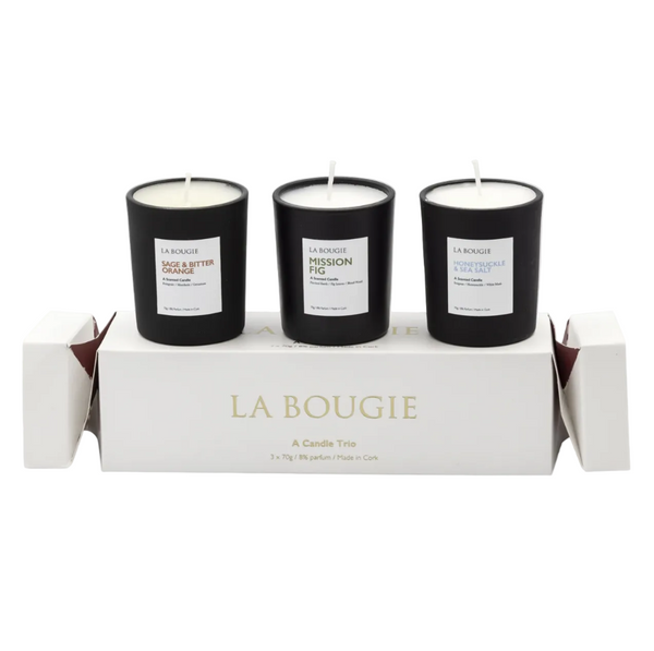 three candles ontop of christmas cracker packaging