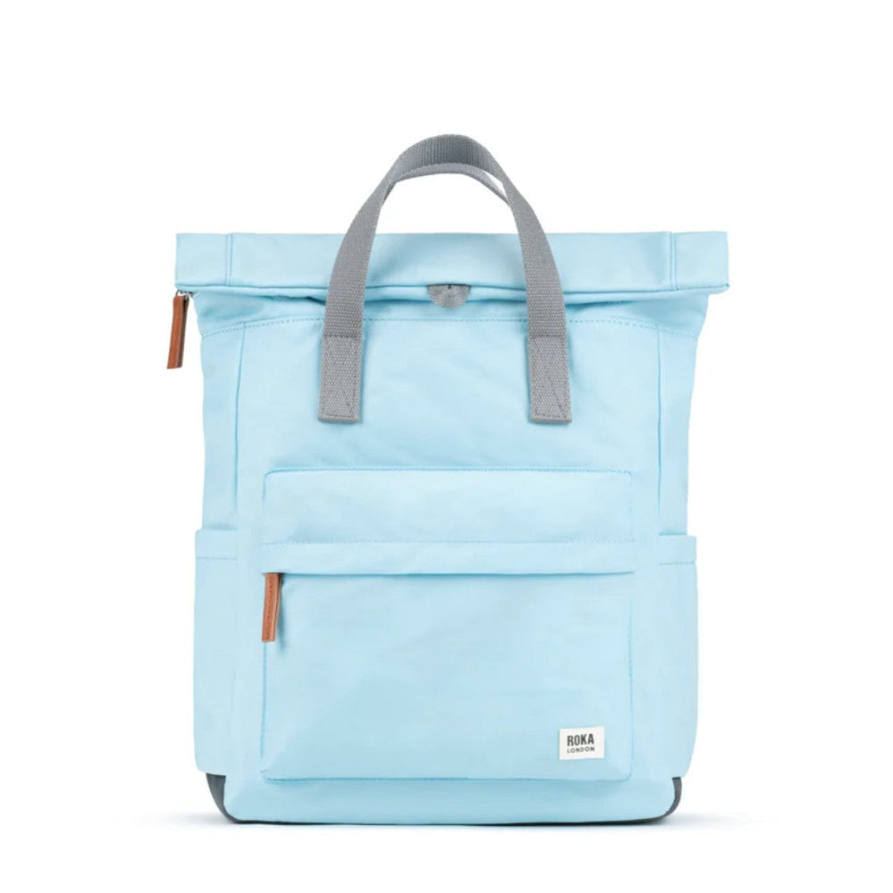 Light blue backpack with gray straps on a white background
