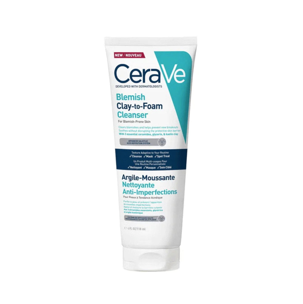 CeraVe blemish clay-to-foam cleanser tube on a white background