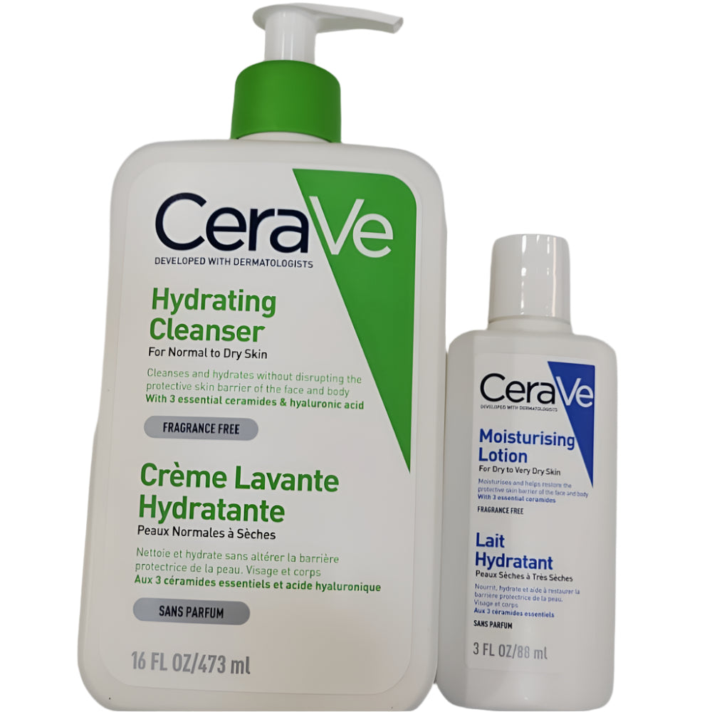CeraVe hydrating cleanser and moisturizing lotion on a white background