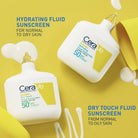 CeraVe hydrating fluid sunscreen and dry touch fluid sunscreen on a yellow background