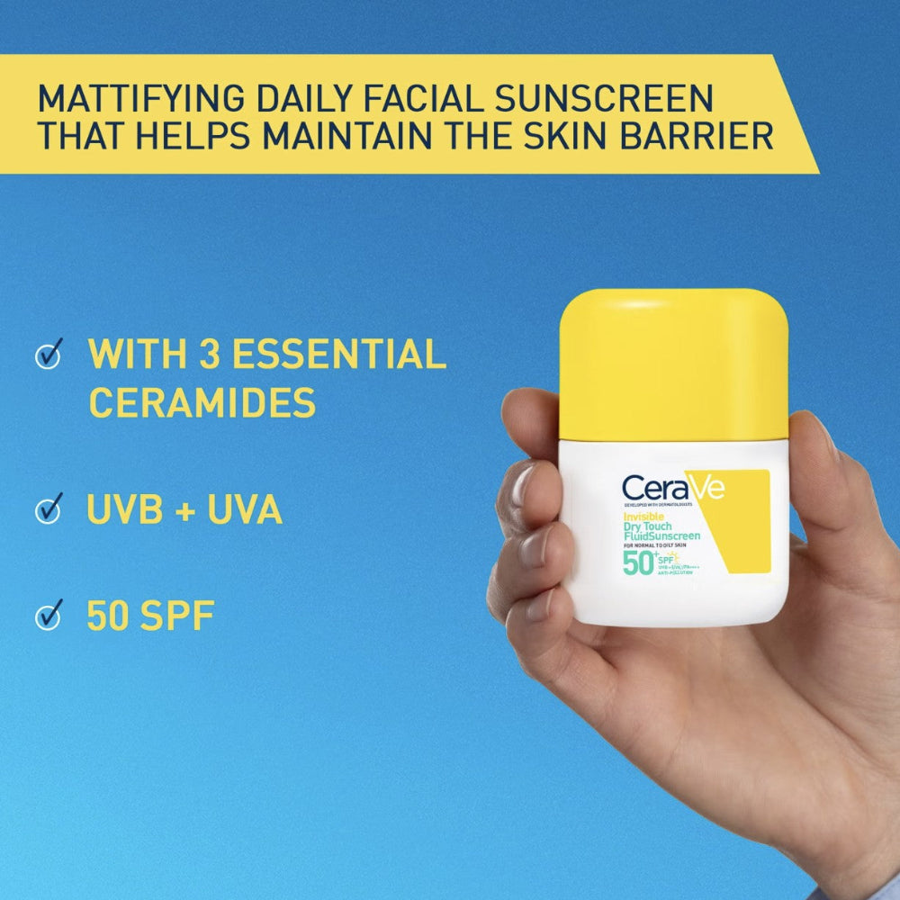 CeraVe sunscreen bottle held in a hand with product features listed on a blue background